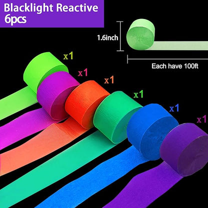700ft Neon Paper Garland Glow in Dark Paper Streamers UV Reactive Round Dot Star Kit Banners for Neon Party Supplies, Wedding Decorations, Birthday Parties