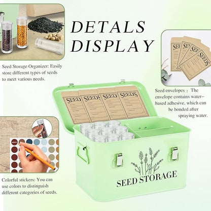 20 Slots Seed Storage Box with 3 Dividers, Metal Seed Storage Organizer Saving Box, Seeds Packet Container, Professional All-in-one Kit with 20 Seeds Envelopes and 60 Label Stickers