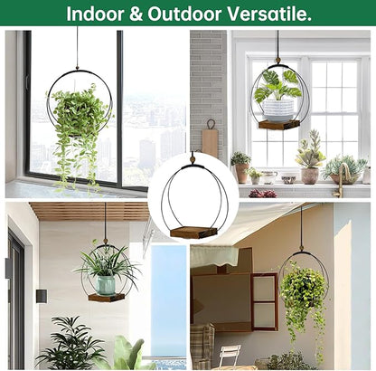 2 Pack Hanging Planter for Indoor Plants, Black Plant Hanger with Sturdy Wood Base, Modern Boho Macrame Hanger, Wall Ceiling Window Planter (Plants/Pots Not Included)