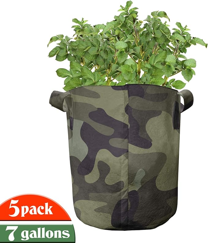 Ambesonne Khaki Grow Bags 5-Pack, Camouflage Motif Camo Stains, Heavyduty Fabric Pots with Handles for Plants, Green Brown