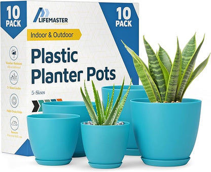 Blue Plant Pots with Drainage Holes & Saucers 10 Pack, Indoor & Outdoor Stackable Space-Saving Planters for Houseplants & Flowers, (7", 6.7", 6", 5.3", and 4.8" Inches), Durable & Weatherproof