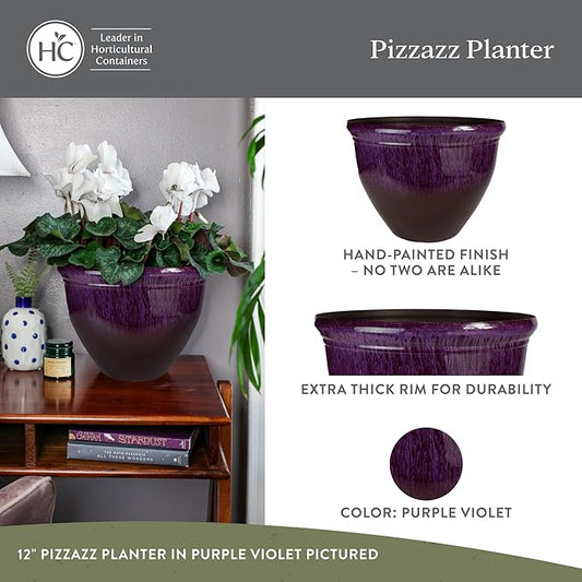 The HC Companies 9 Inch Pizzazz Round Planter Pots with Ceramic Look, Lightweight UV-Resistant Plastic Indoor & Outdoor Planters, 2-Pack Flower Pots for Garden & Home Decor, Purple Violet