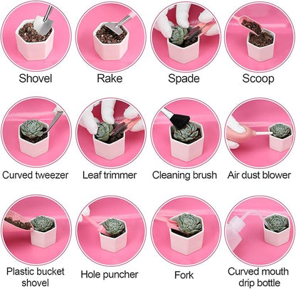 44pcs Small Gardening Tools Gifts for Women Beginners - Garden Hand Tools Set for Indoor Succulent Bonsai Plants Transplanting, Included Bag/Repotting Mat/Shovel/Labels, Pink