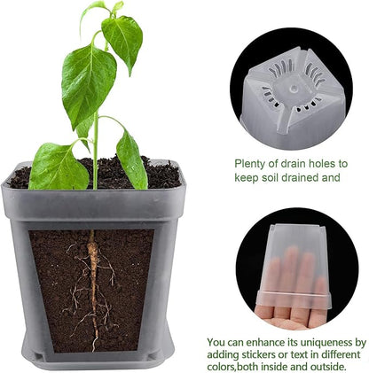 Square Nursery Pots Plastic 28 pcs 3 inches with Saucers and Plant Labels Reusable Seedling Pots Frosted Starter Plant Pots Mini Planter for Indoor/Outdoor