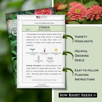 Sow Right Seeds - Salmon Queen Zinnia Seeds for Planting - Non-GMO Heirloom Packet to Plant & Grow an Outdoor Home Flower Garden - Annual, Giant Pink Blooms to Cut and Come Again (3)