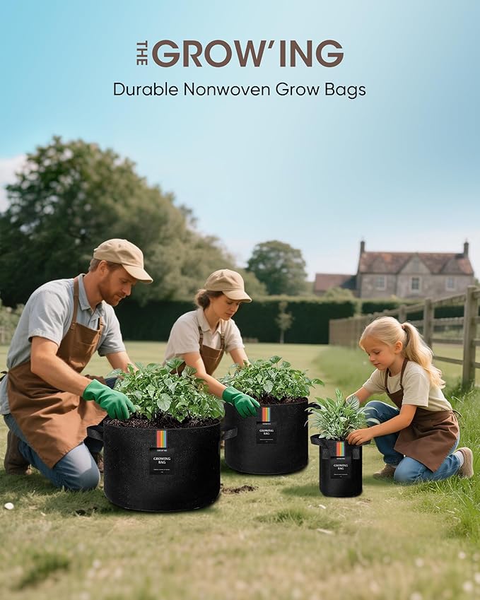 The Growing 5 Pack 1 Gallon Fabric Grow Bags，Thickened Aeration Nonwoven Fabric Plant Pots with Durable Handles,Heavy Duty 300G Planter Pot for Tomato, Fruits, Vegetables and Flowers, Black