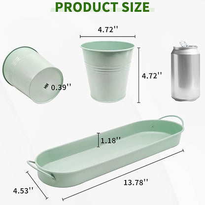 Metal Herb Garden Planter Set with Tray, 3-Pack Green Zinc-Coated Windowsill Plant Pots with Drainage Holes & Handles for Indoor Outdoor Kitchen Garden