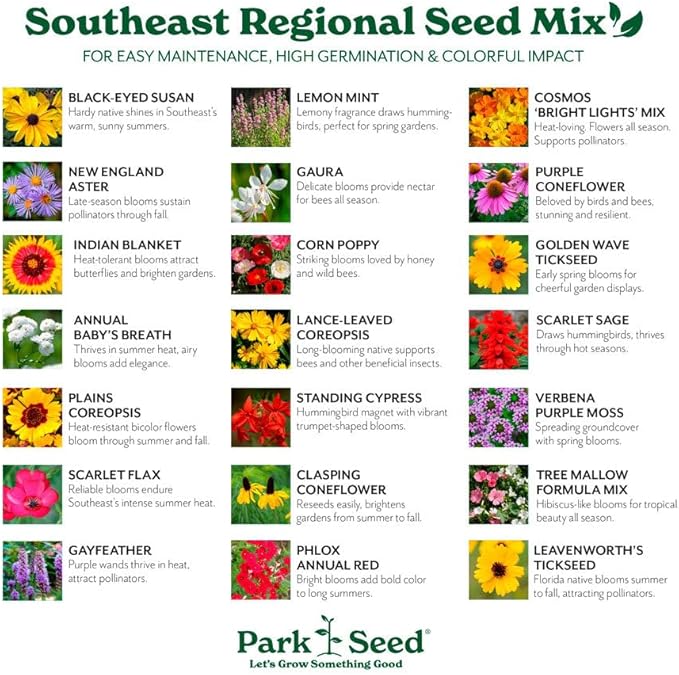 Park Seed Grow Your Own Vibrant Annual and Perennial Wildflower Garden Seeds Mixture, Easy to Grow Varieties for Pollinators and Spring Gardens - Southeast Regional Mix, 1 lb