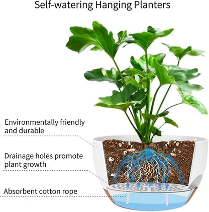 12 Inch Self Watering Hanging Planter for Indoor Outdoor Plants, 2 Pack Hanging Flower Pots with Drainage Holes and Saucers, Plastic Hanging Baskets for Kitchen, Balcony, Garden Decoration