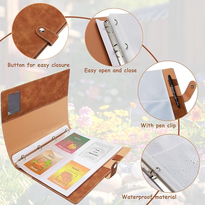 Garden Seed Storage Organizer Binder: 100 Resealable Envelopes + 25 Sheet 100 Pockets Protectors | Durable Organizer for Seed Packets, Saving & Planting - Brown