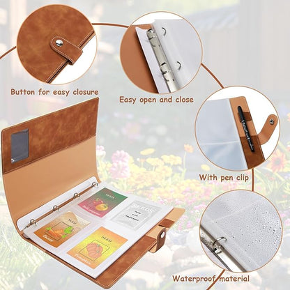 Garden Seed Storage Organizer Binder: 100 Resealable Envelopes + 25 Sheet 100 Pockets Protectors | Durable Organizer for Seed Packets, Saving & Planting - Brown
