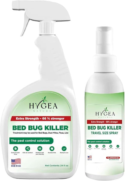 Hygea Natural Extra-Strength Bed Bug DIY Kit - unique, Odorless, Child & Pet Friendly - All water-friendly surfaces - 1 Bed Bug Spray (24 oz) & 1 Bed Bug Travel Spray in TSA Approved Size (3 oz)