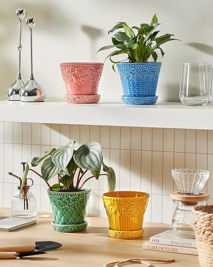 Ceramic Plant Pots, 4.9 Inch Flower Pots with Drainage Hole & Saucer, Colorful Planter Pots for Indoor Plants, Small Pots for Succulent, Catus, Home Decor, Set of 4, Assorted Colors