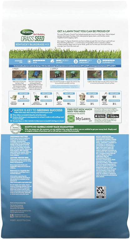 Scotts Turf Builder Grass Seed Kentucky Bluegrass Mix with Fertilizer and Soil Improver, Grows Dense, Green Turf, 5.6 lbs.