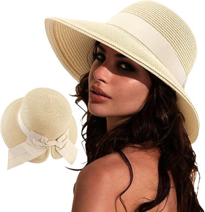 DRESHOW Sun Hats for Women Travel Fedora Foldable Beach Sun Hat Summer Wide Brim Straw Bucket Hat with Bowknot UPF 50+
