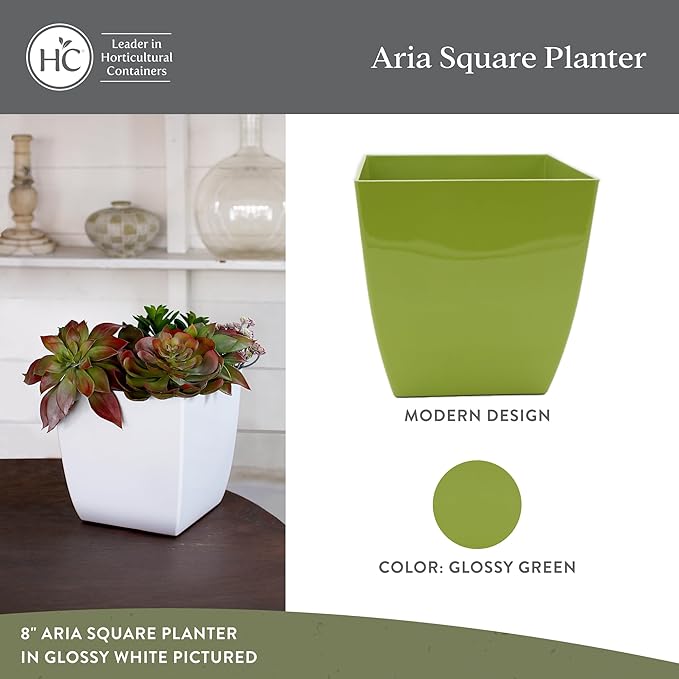 The HC Companies Aria Self Watering Square Plant Pot w/Drainage - Planters for Outdoor Plants & Indoor Plants - Lightweight & UV-Resistant Plastic Pots for Plants (6" Glossy Green, Pack of 2)