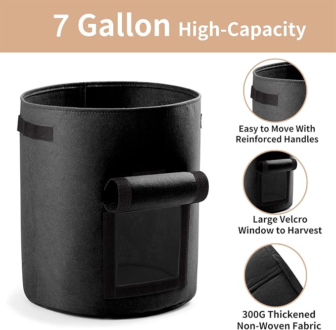 Potato Planter Bags 3-Pack 7 Gallons Grow Bags Aeration Tomato Plant Pots with Flap and Handles (Black)