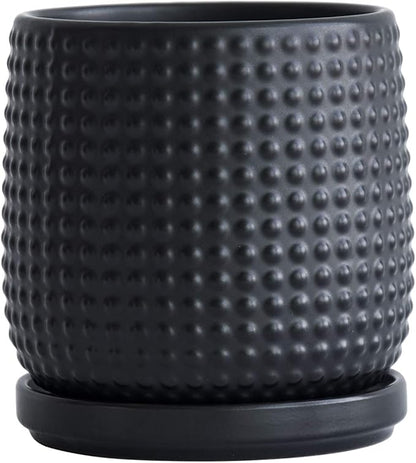 D'vine Dev 4 Inch Ceramic Beaded Stoneware Planter Pot - Flower Pot with Drainage Holes and Saucers for Indoor Succulent Plants or Flowers, Ebony Matte, 27-C-Z-6