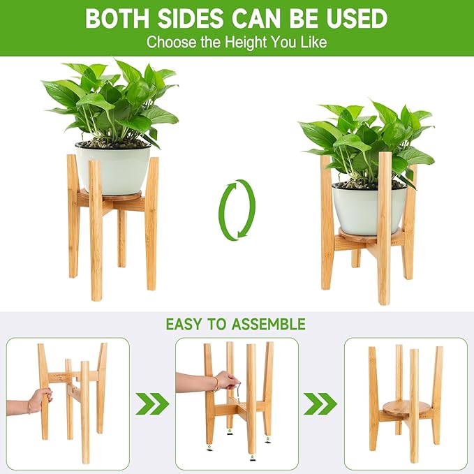 2 Packs Adjustable Plant Stand with Tray,Indoor Wood Plant Stand Fit 8'' to 12'' Planter,Mid Century Modern Flower Pot Holder Rack(Plant and Pot Not Included) Natural