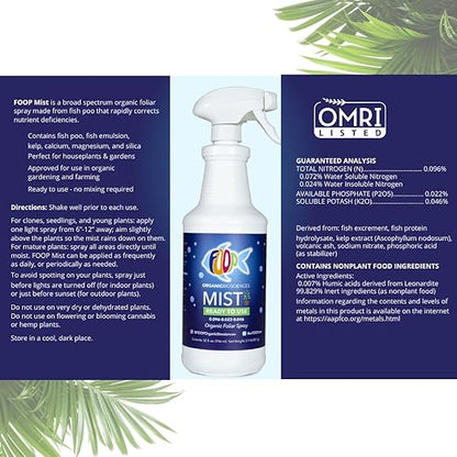 FOOP Mist - Organic Foliar Spray Made from Fish Manure (with Fresh Minty Scent) | Corrects & Prevents Plant Nutrient Deficiencies | Ready to Use, No Mixing Required (32oz)
