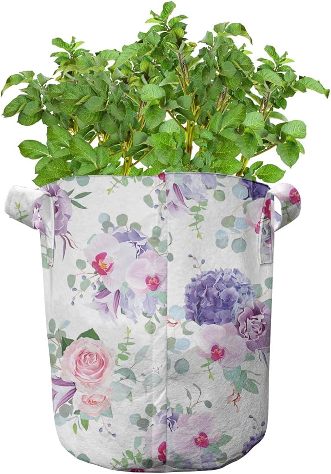 Ambesonne Floral Grow Bags 5-Pack, Roses Orchids and Carnations, Heavyduty Fabric Pots with Handles for Plants, Blue Pink