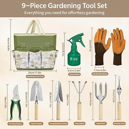 LASZOLA 9 Pcs Garden Tools Set with Tote Bag and Hand Trowel Rake Shovel, Heavy Duty Stainless Steel Gardening Kit for Outdoor Plant, Standable Portable Handbag Organizer, Ideal for Women Mom, Green