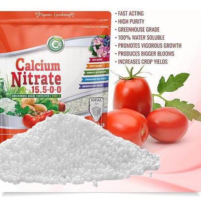 Calcium Nitrate 15.5-0-0 Fertilizer Made in USA – Greenhouse Grade Plant Food for Hydroponics, Plants & Gardens – Fruit, Vegetables. Blossom End Rot Tomatoes (Cz Garden Organics Calcium Nitrate 18LB)