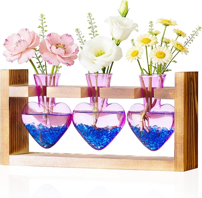 Nacome Plant Terrarium Propagation Stations: Birthday Gifts for Plant Lovers Women Mom Wife Daughter - 3 Bulb Glass Vase with Wooden Stand Tabletop for Hydroponics Home Garden Decor(Purple)