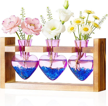 Nacome Plant Terrarium Propagation Stations: Birthday Gifts for Plant Lovers Women Mom Wife Daughter - 3 Bulb Glass Vase with Wooden Stand Tabletop for Hydroponics Home Garden Decor(Purple)