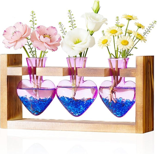 Nacome Plant Terrarium Propagation Stations: Birthday Gifts for Plant Lovers Women Mom Wife Daughter - 3 Bulb Glass Vase with Wooden Stand Tabletop for Hydroponics Home Garden Decor(Purple)