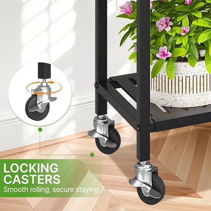 KMOTASUO 3 Tier Black Tall Plant Stand with Wheel for Indoor Outdoor, Heavy Duty Metal Multiple Large Planter Rack for Narrow Corner, Sturdy Iron Vertical Flower Holder for Modern House Patio Bathroom