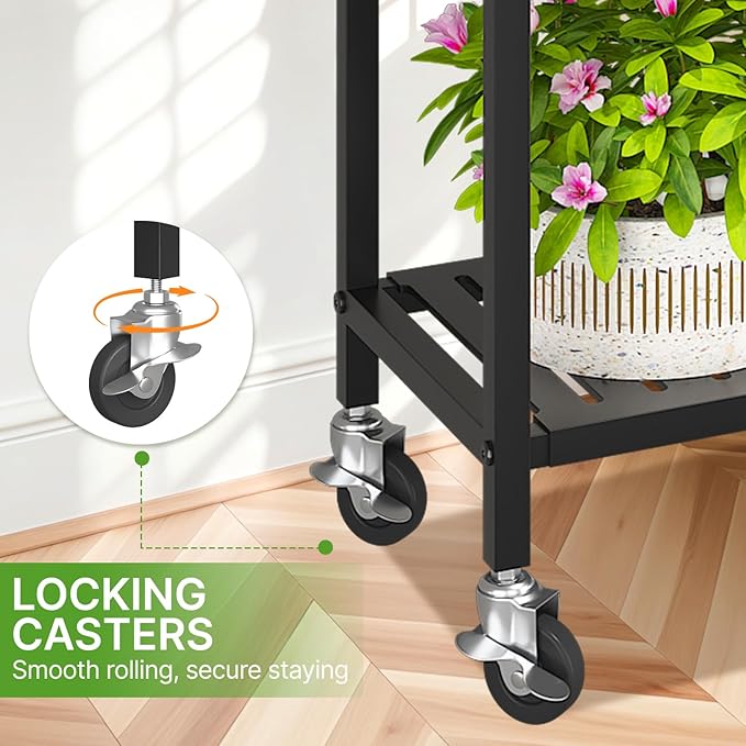 KMOTASUO 2 Tier Black Tall Plant Stand with Wheel for Indoor Outdoor, Heavy Duty Metal Multiple Large Planter Rack for Narrow Corner, Sturdy Iron Vertical Flower Holder for Modern House Patio Bathroom