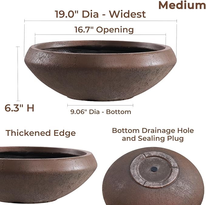 Concrete Lotus Bowl Planter 19"Dia x 6.3"H Large Succulent Pot with Drainage Hole & Plug, 16.7" Opening Low Planters for Indoor Outdoor Plants, Home, Patio, Garden, Weathered Concrete, Medium-Rust