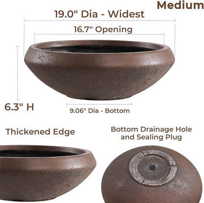 Concrete Lotus Bowl Planter 19"Dia x 6.3"H Large Succulent Pot with Drainage Hole & Plug, 16.7" Opening Low Planters for Indoor Outdoor Plants, Home, Patio, Garden, Weathered Concrete, Medium-Rust