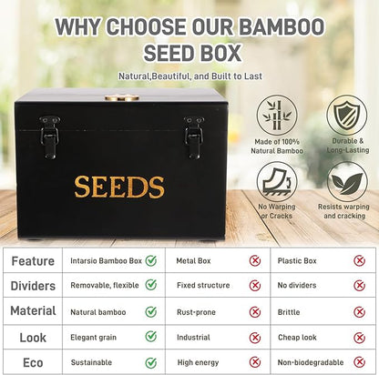 Professional-Designed Bamboo Seed Storage Box with Built-in Hygrometer, Double-Layer Airtight Lid and Safety Lock, Temperature-Stable Wooden Seed Organizer for Preservation, Great Gifts for Gardener