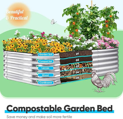 Quictent Raised Garden Bed Kit Oval Galvanized Metal Planter Box Tall for Vegetables Outdoor Backyard, Strengthened by Crossbar, Silver 8x4x1.5 ft