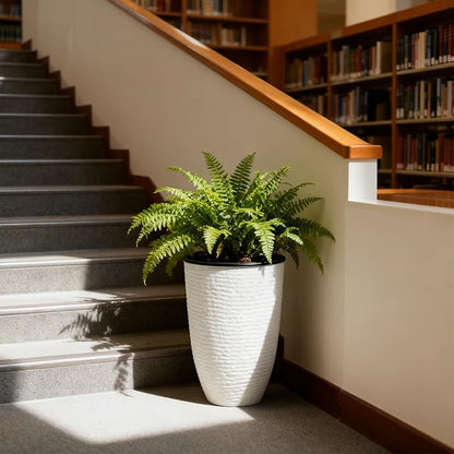 WORTH Garden 2-Pack 21" H. White Tall Planters with Inside Pots - 14'' Dia Plastic Large Round Plant Tree Pots - Decorative Imitation Stone Finish for Indoor Outdoor Front Porch Container Patio
