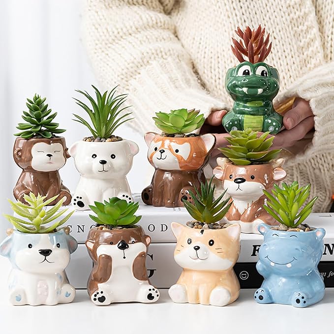 DIYOMR Cute Animals Planter, Mini Ceramic Cartoon Animal Shaped Succulent Flower Pot Indoor Air Plants Holder, Smooth Shiny Decorative Flower Cactus Planter - Plants Not Included (Deer)