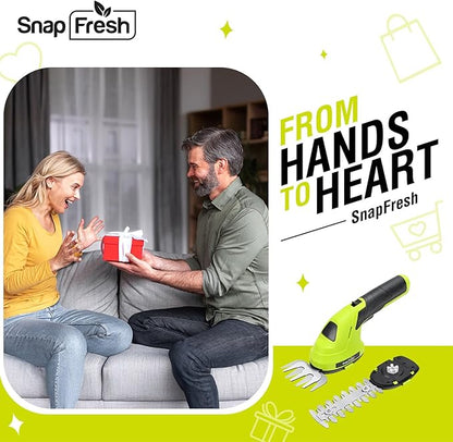 SnapFresh Hedge Trimmer Cordless Grass Shear, 2 in 1 Electric Grass Trimmer and Hedge Shears, Handheld Bush Trimmer/Grass Cutter/Shrub Trimmers with Battery for Garden & Lawn, USB-C Cable Included