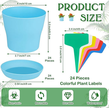 Aodaer 24 Pack 4 Inch Plastic Planters with Multiple Drainage Holes and Tray Indoor Outdoor Flower Plant Nursery Pots with Labels Flower Seedling Pots for Herb Garden Home Succulents, Blue