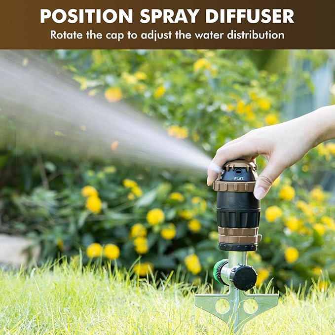 RESTMO Gear Drive Sprinkler with Metal Spike Base, 5-Pattern Heavy Duty Gardening Watering System, Multi-Adjustable Lawn Sprinkle for Garden Plant, Flower Bed and Large Yard Area Watering, Brown