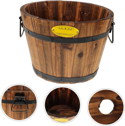 DOITOOL Wooden Barrel Planter 10.2 Inch Round Whiskey Barrel Flower Pot Rustic Wooden Flower Bucket with Handle for Indoor Outdoor Garden Balcony