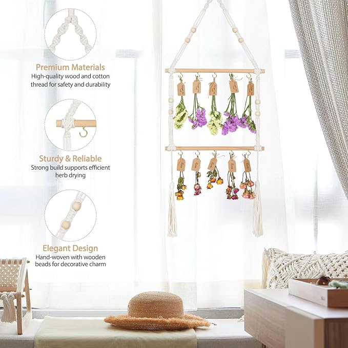 2-Tier Hanging Herb Drying Rack – Includes 30 Brown Gift Tags & 32ft Natural Jute Twine – Handwoven Boho Style Plant Hanger for Drying Herbs, Flowers, Sage – 37" Tall, Home Décor & Gift Idea