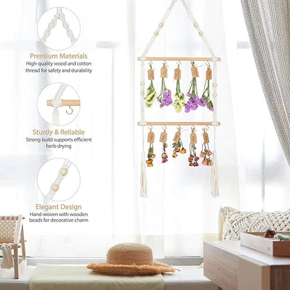 2-Tier Hanging Herb Drying Rack – Includes 30 Brown Gift Tags & 32ft Natural Jute Twine – Handwoven Boho Style Plant Hanger for Drying Herbs, Flowers, Sage – 37" Tall, Home Décor & Gift Idea