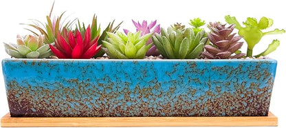 Succulent Pots - 12.1 Inch Large Succulent Planters Pots with Drainage Tray, Long Rectangle Ceramic Pot for Indoor Cactus/Succulent Plants Shallow Bonsai Window Box for Home Garden Decor (Blue)