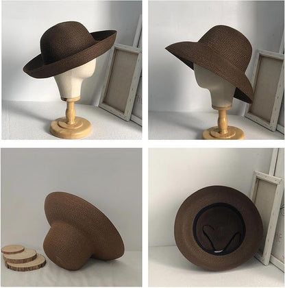 Wide-Brim Classic Elegant Style Foldable Straw Hat Women's Retro UV Resistant Sun Hats for Outdoor, Beach and Travel