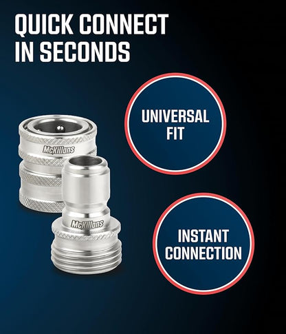 McKillans® Water Hose Quick Connect [UNIVERSAL FIT] 3 Pack - Stainless Steel Garden Hose Quick Connector - Durable Garden Hose Fittings - EASY INSTANT CONNECTION
