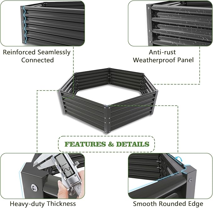 A ANLEOLIFE 6 Set Hexagon Galvanized Raised Garden Beds Outdoor,70x60x18in Metal Planter Box for Planting Vegetables Flowers Herb, Anti-Rust & Easy-Setup, Quartz Grey