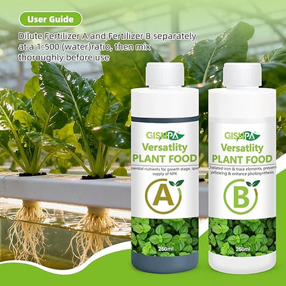 A&B Plant Fertilizer, 250ML Hydroponics Nutrients & Potting Soil Food - Easy-Mix Liquid Plant Food for Healthier, Lush Potted Houseplants, Herbs, and Hydroponics Growing System