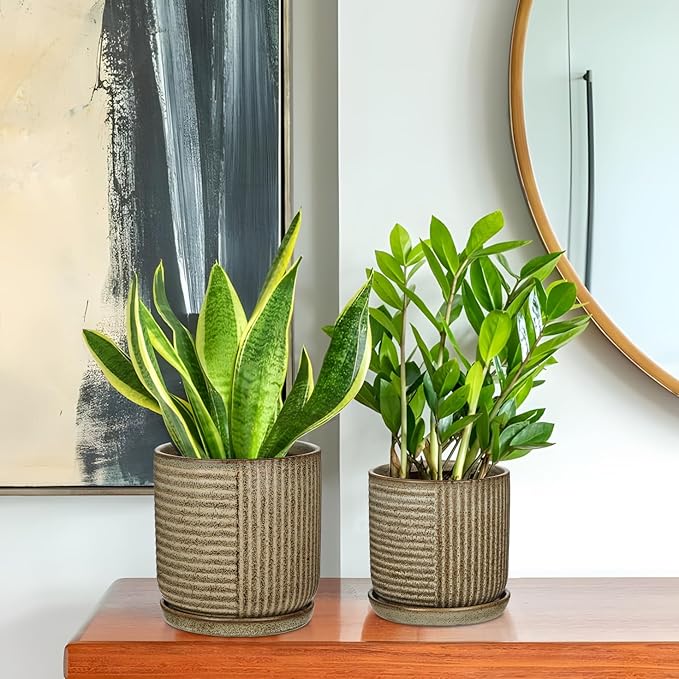 Oairse Ceramic Pots for Indoor Plants, 6.1 +4.9 inch Pots for Plants Set of 2 Brown Plant Pots with Drainage Holes and Saucers Texture Ceramic Planters Indoor Outdoor Flower Pot for Succulent
